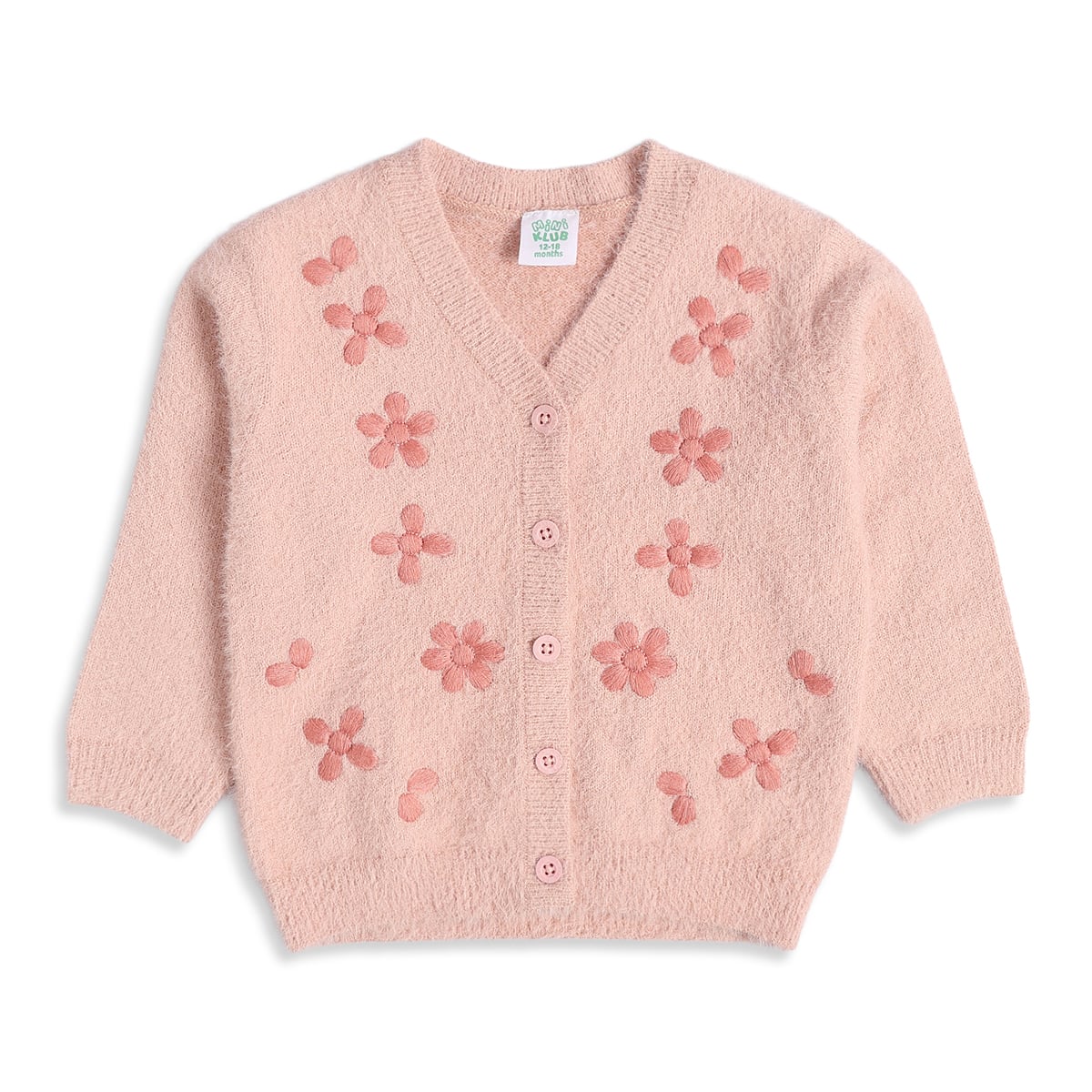 Baby Girls Pink Knitted Floral Embroidered Cardigan Regular Fit Winter Wear