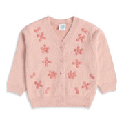 Baby Girls Pink Knitted Floral Embroidered Cardigan Regular Fit Winter Wear