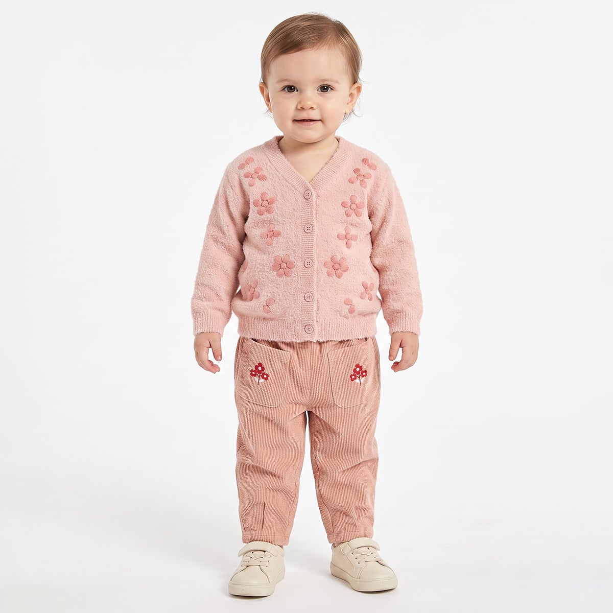 Baby Girls Pink Knitted Floral Embroidered Cardigan Regular Fit Winter Wear