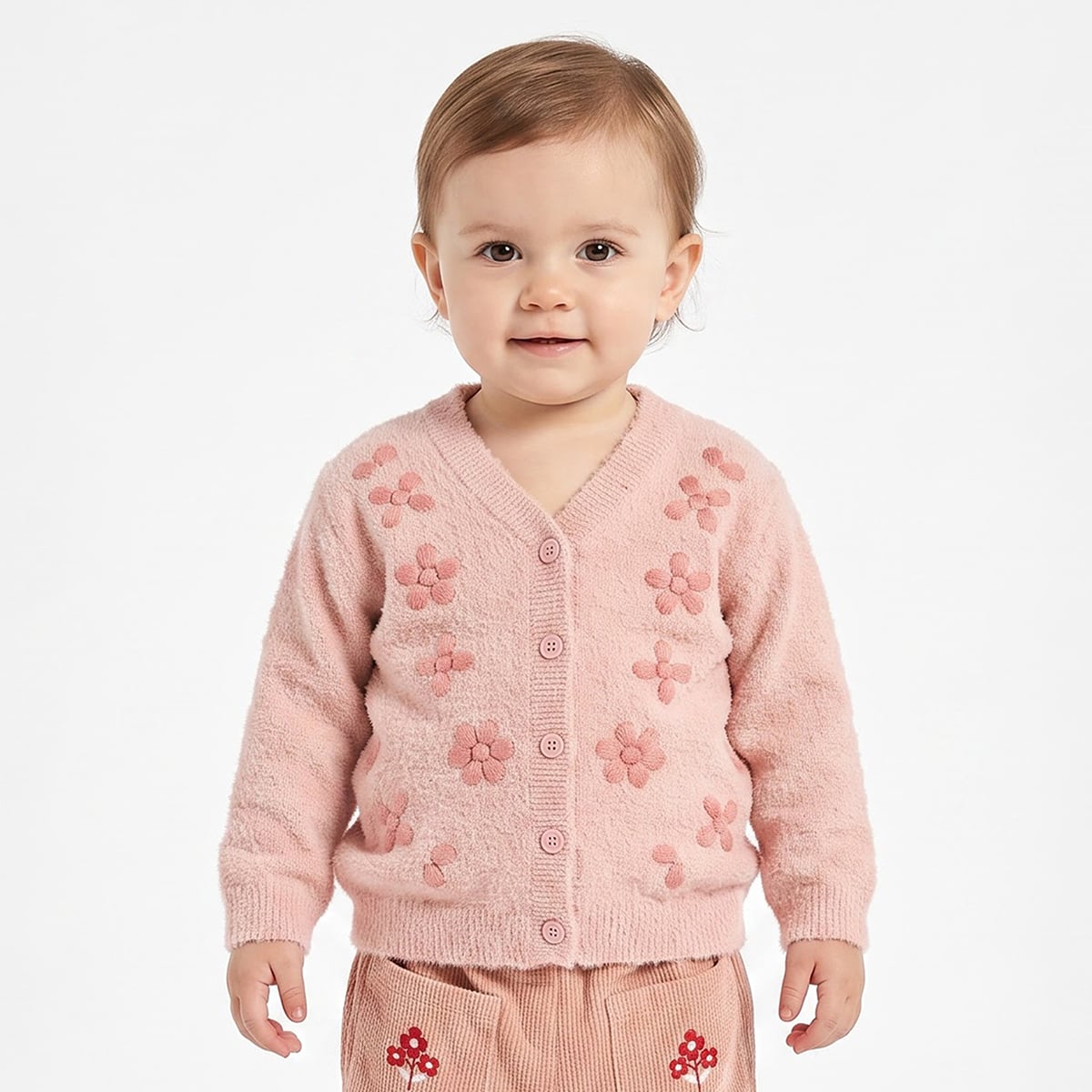 Baby Girls Pink Knitted Floral Embroidered Cardigan Regular Fit Winter Wear