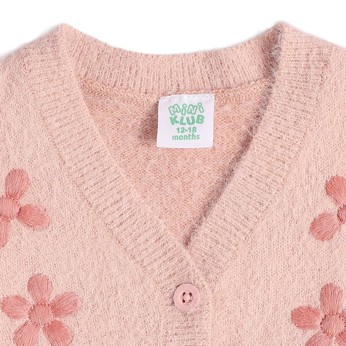 Baby Girls Pink Knitted Floral Embroidered Cardigan Regular Fit Winter Wear