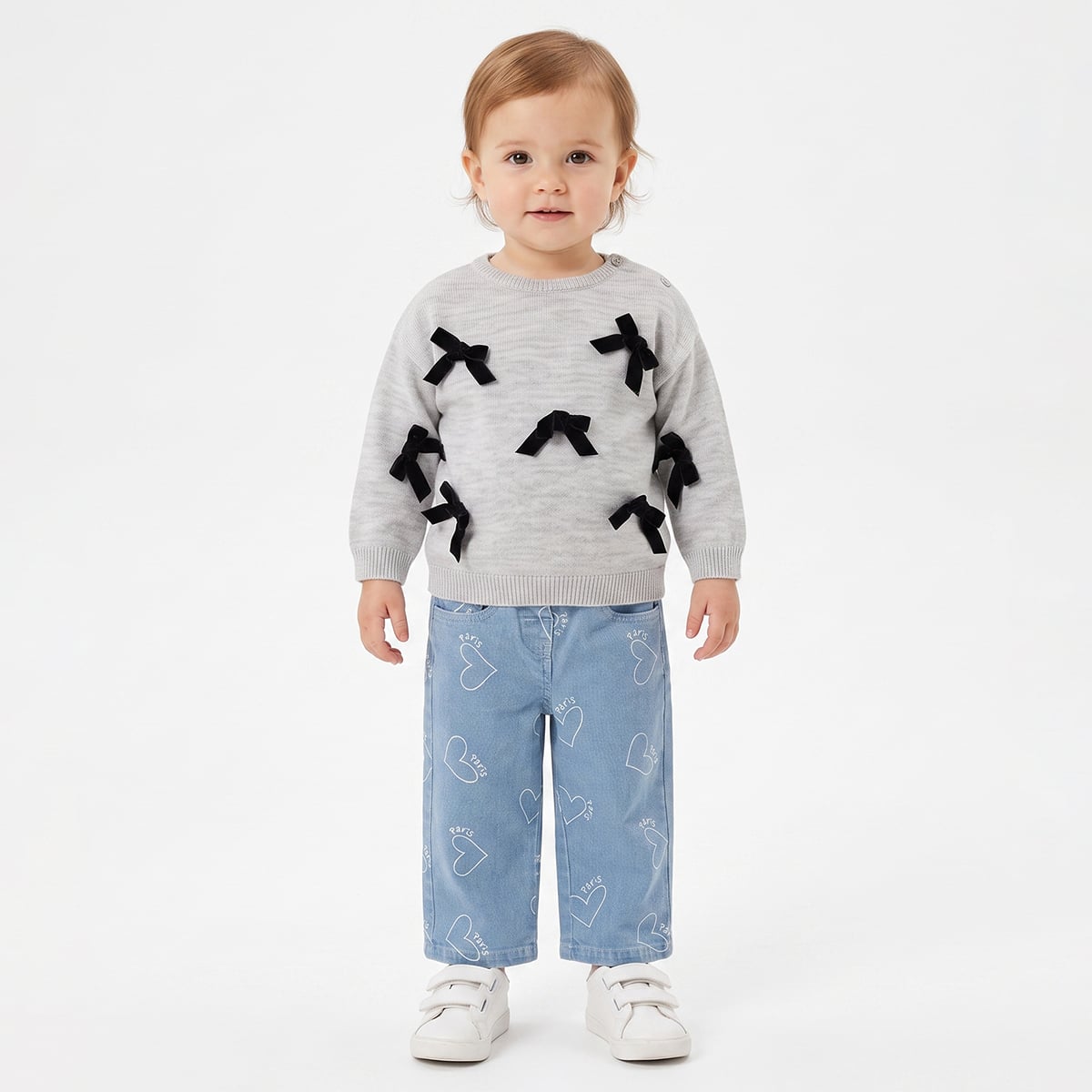 Baby Girls Grey Cotton Blend Bow Detailed Knit Sweater Pack of 1 Regular Fit Casual Wear