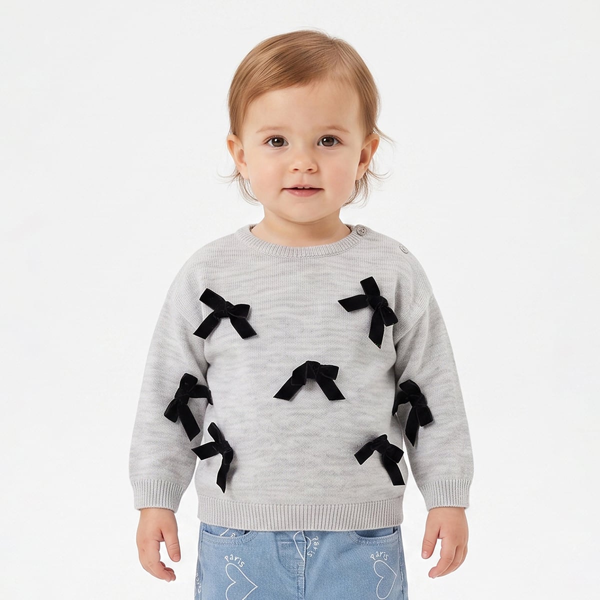 Baby Girls Grey Cotton Blend Bow Detailed Knit Sweater Pack of 1 Regular Fit Casual Wear