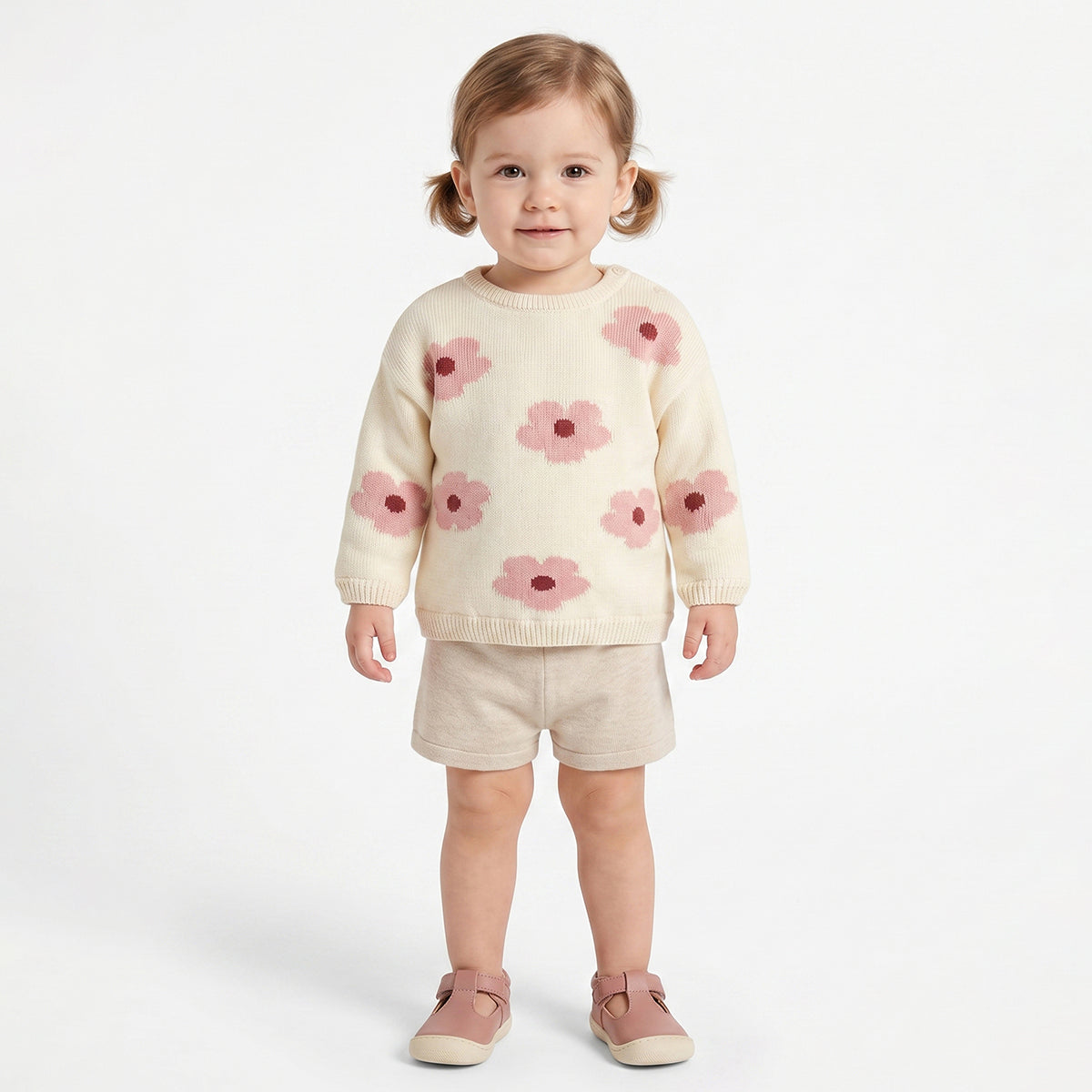 Baby Girls Cream Floral Knit Sweater Regular Fit.