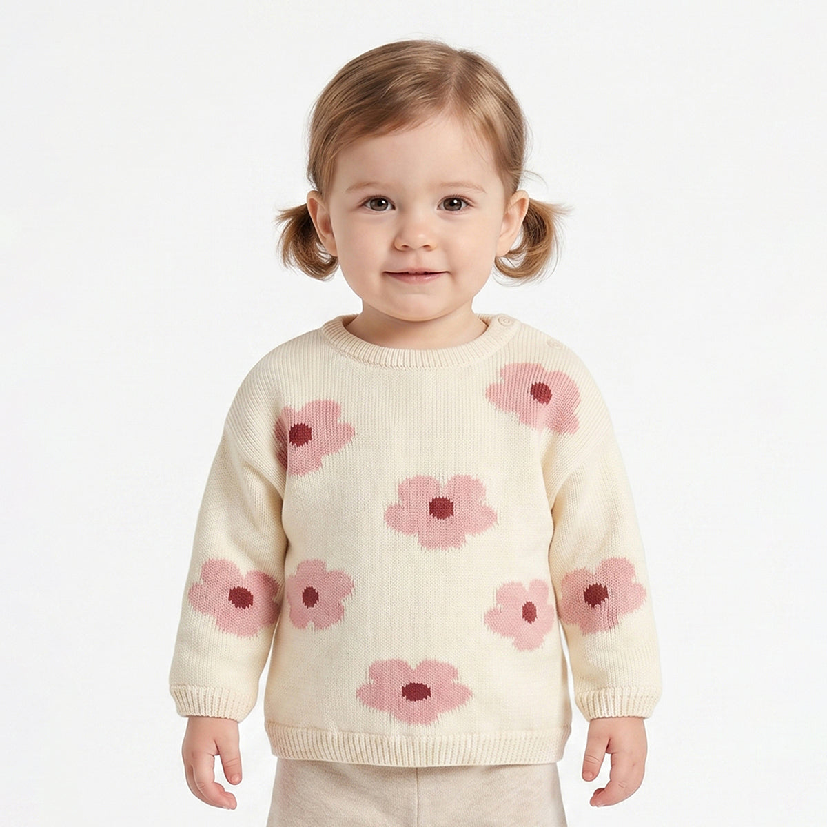Baby Girls Cream Floral Knit Sweater Regular Fit.