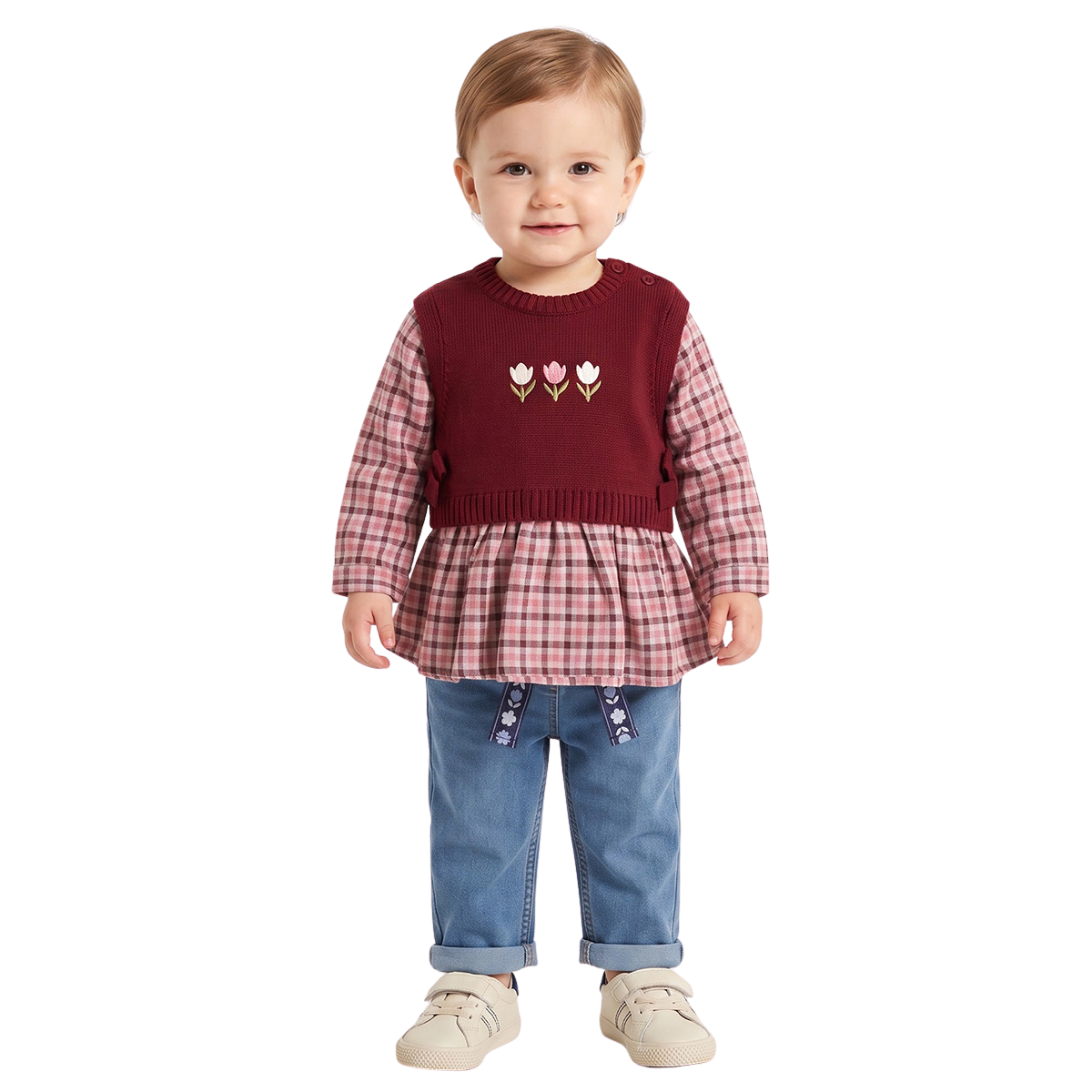 Girls Maroon and Pink Knitted Floral Layered Look Sweater Winter