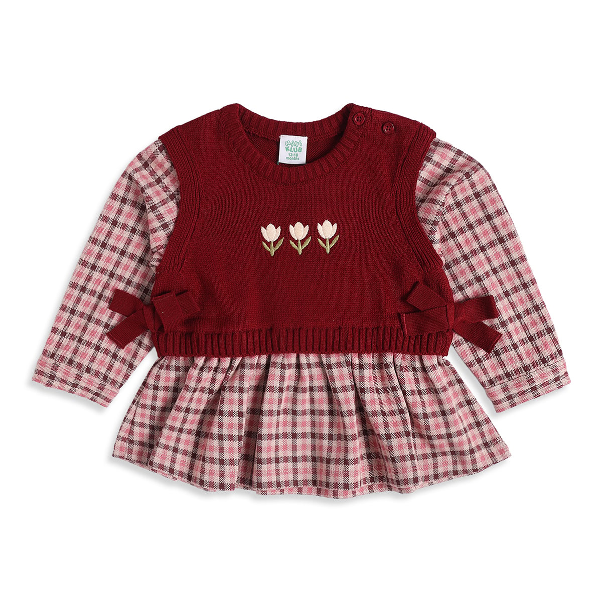 Baby Girls Maroon and Pink Knitted Floral Embroidered Layered-Look Sweater Regular Fit Winter Wear