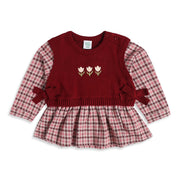 Baby Girls Maroon and Pink Knitted Floral Embroidered Layered-Look Sweater Regular Fit Winter Wear