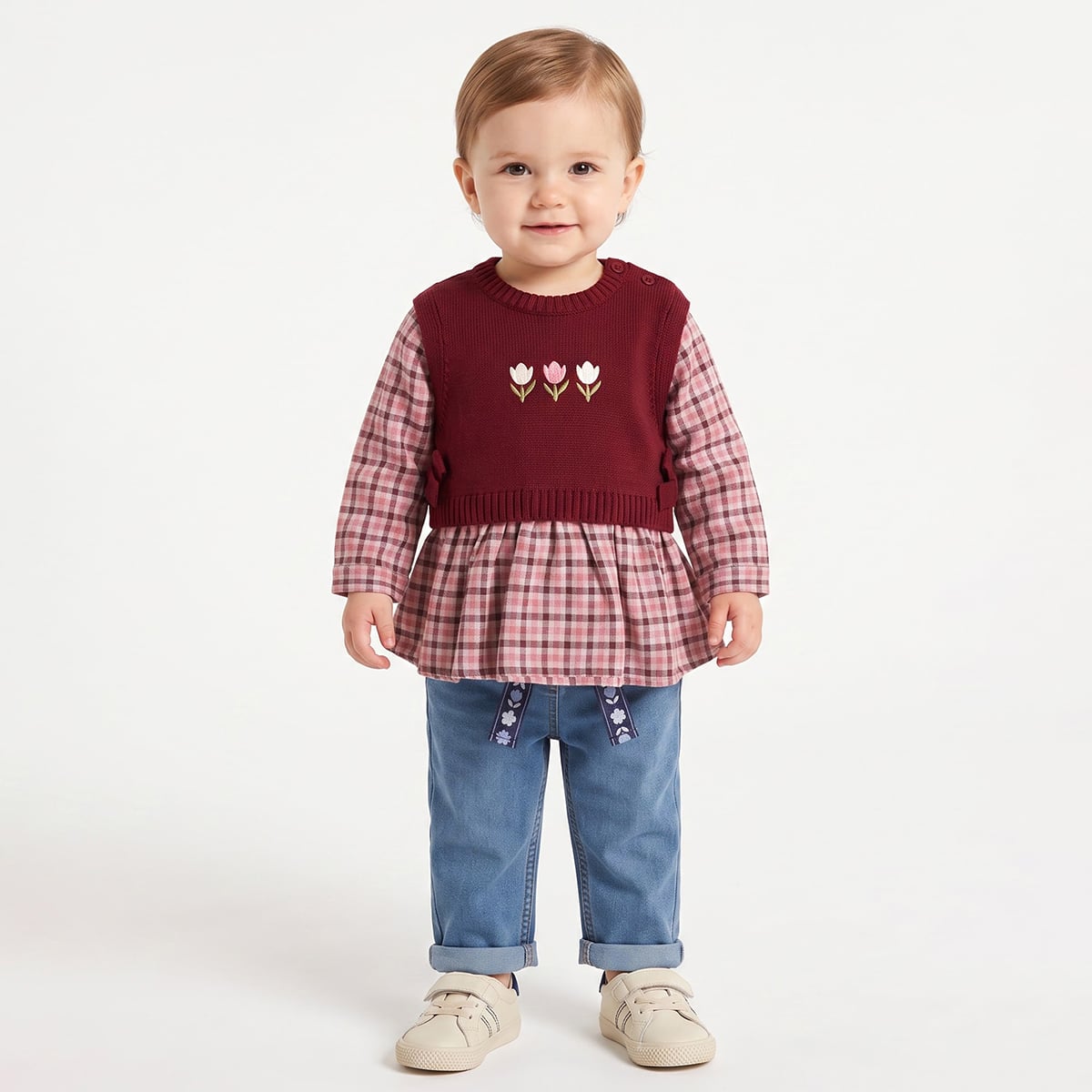 Baby Girls Maroon and Pink Knitted Floral Embroidered Layered-Look Sweater Regular Fit Winter Wear