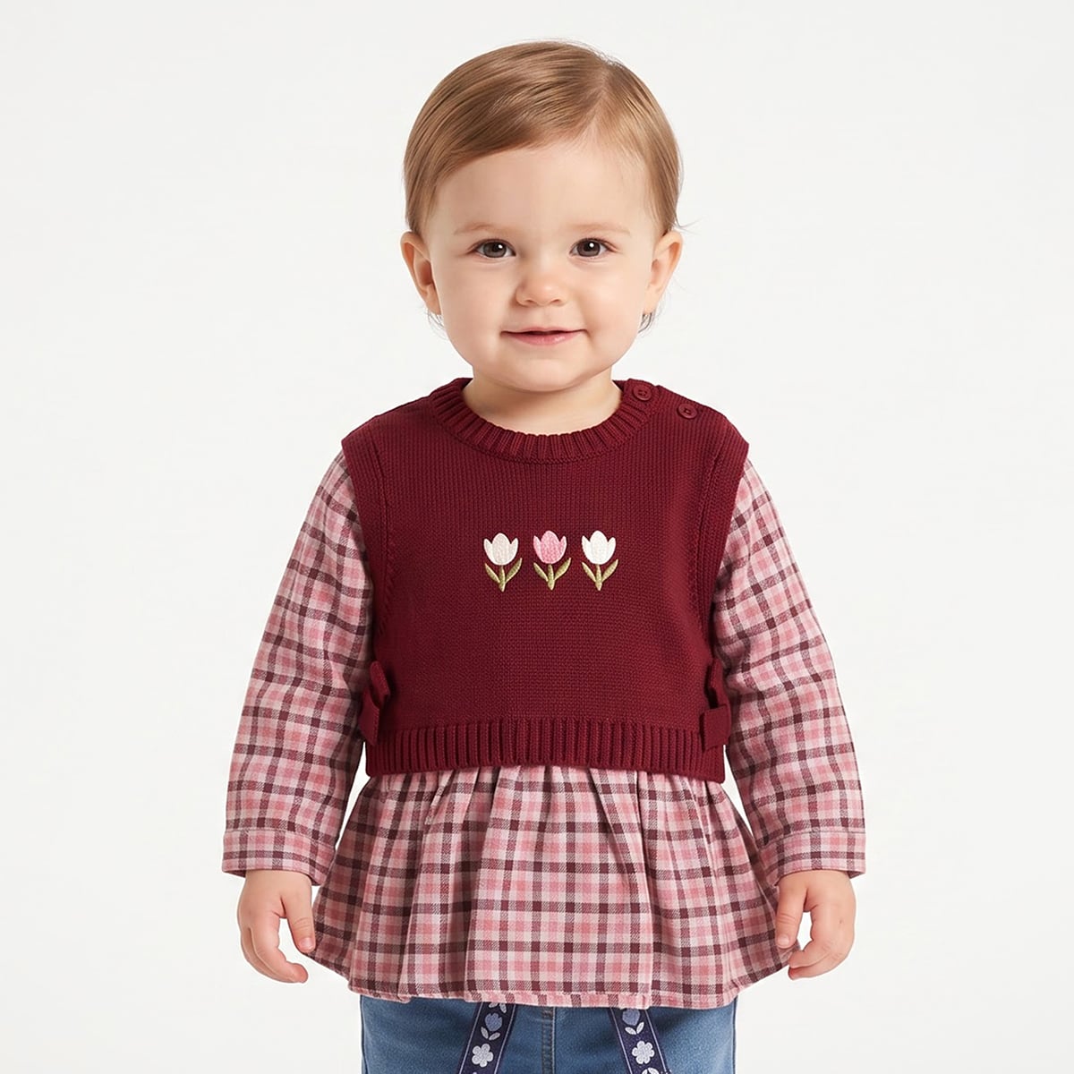 Baby Girls Maroon and Pink Knitted Floral Embroidered Layered-Look Sweater Regular Fit Winter Wear