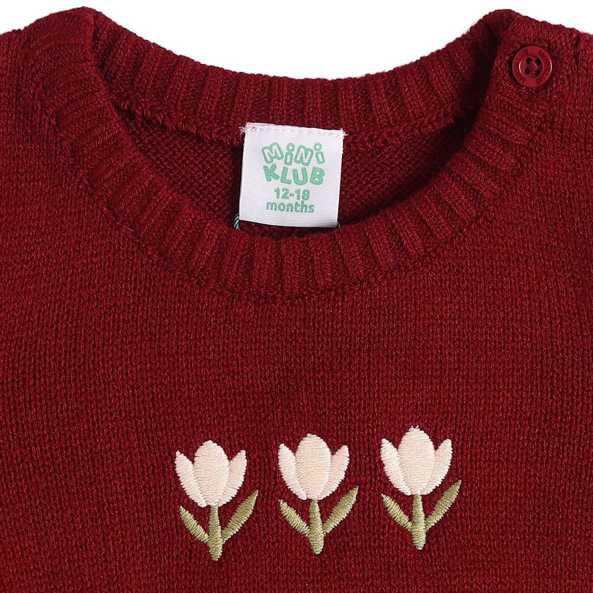 Baby Girls Maroon and Pink Knitted Floral Embroidered Layered-Look Sweater Regular Fit Winter Wear