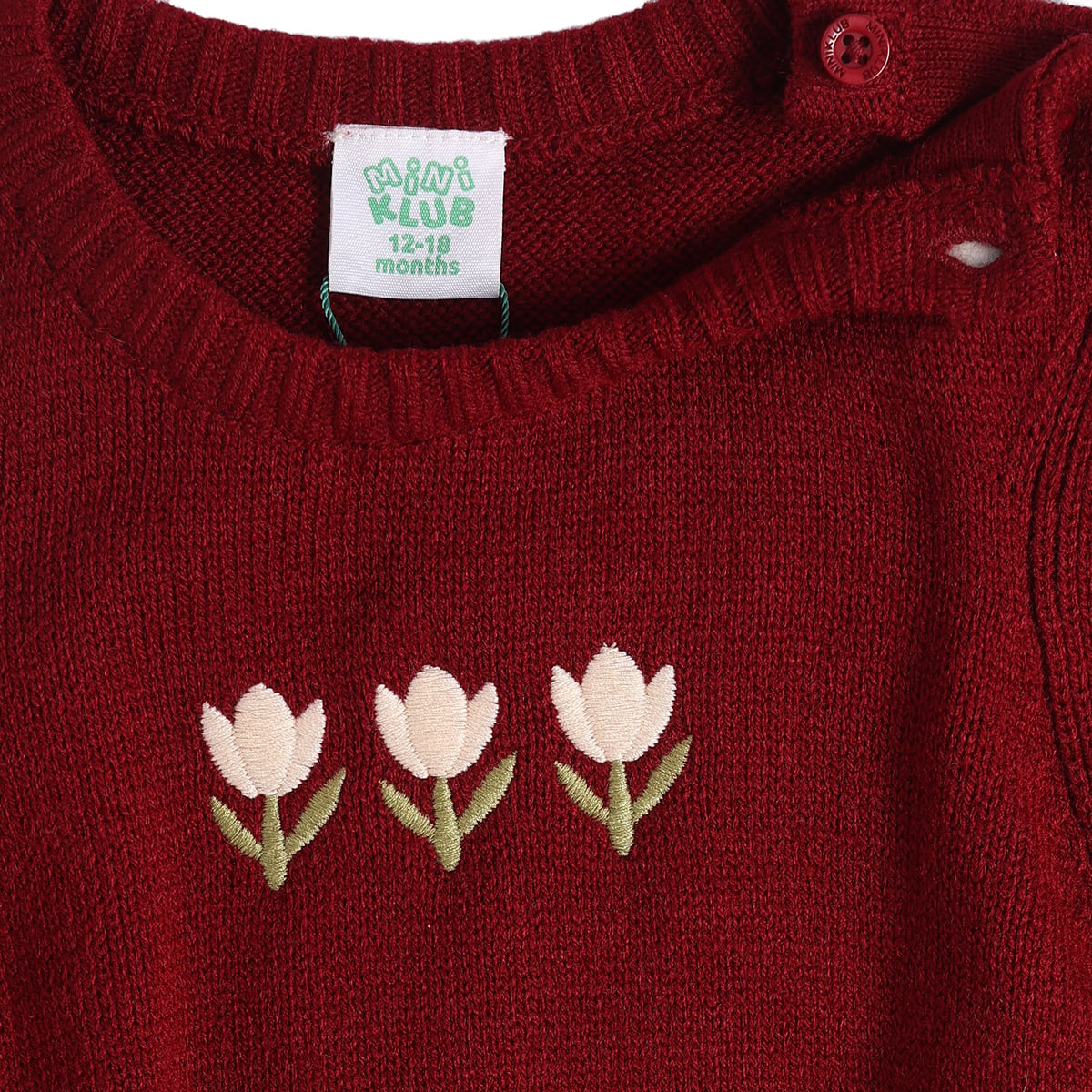 Baby Girls Maroon and Pink Knitted Floral Embroidered Layered-Look Sweater Regular Fit Winter Wear