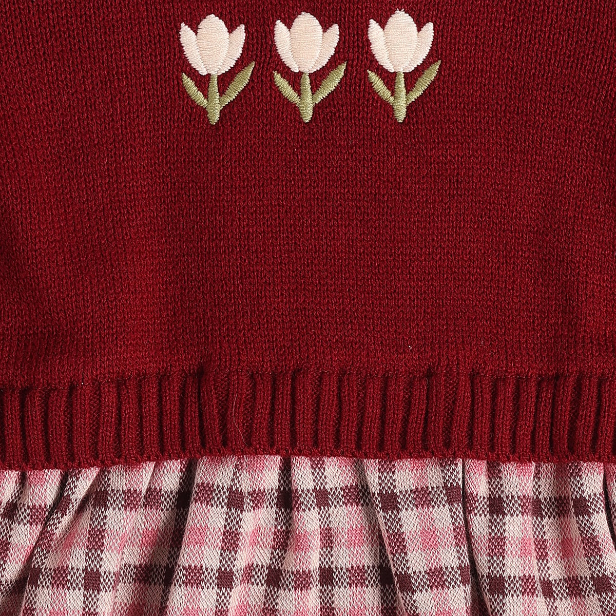 Baby Girls Maroon and Pink Knitted Floral Embroidered Layered-Look Sweater Regular Fit Winter Wear