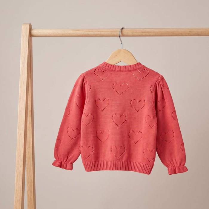 Baby Girls Coral Pink Heart Knit Ruffle Sweater Regular Fit Casual Wear