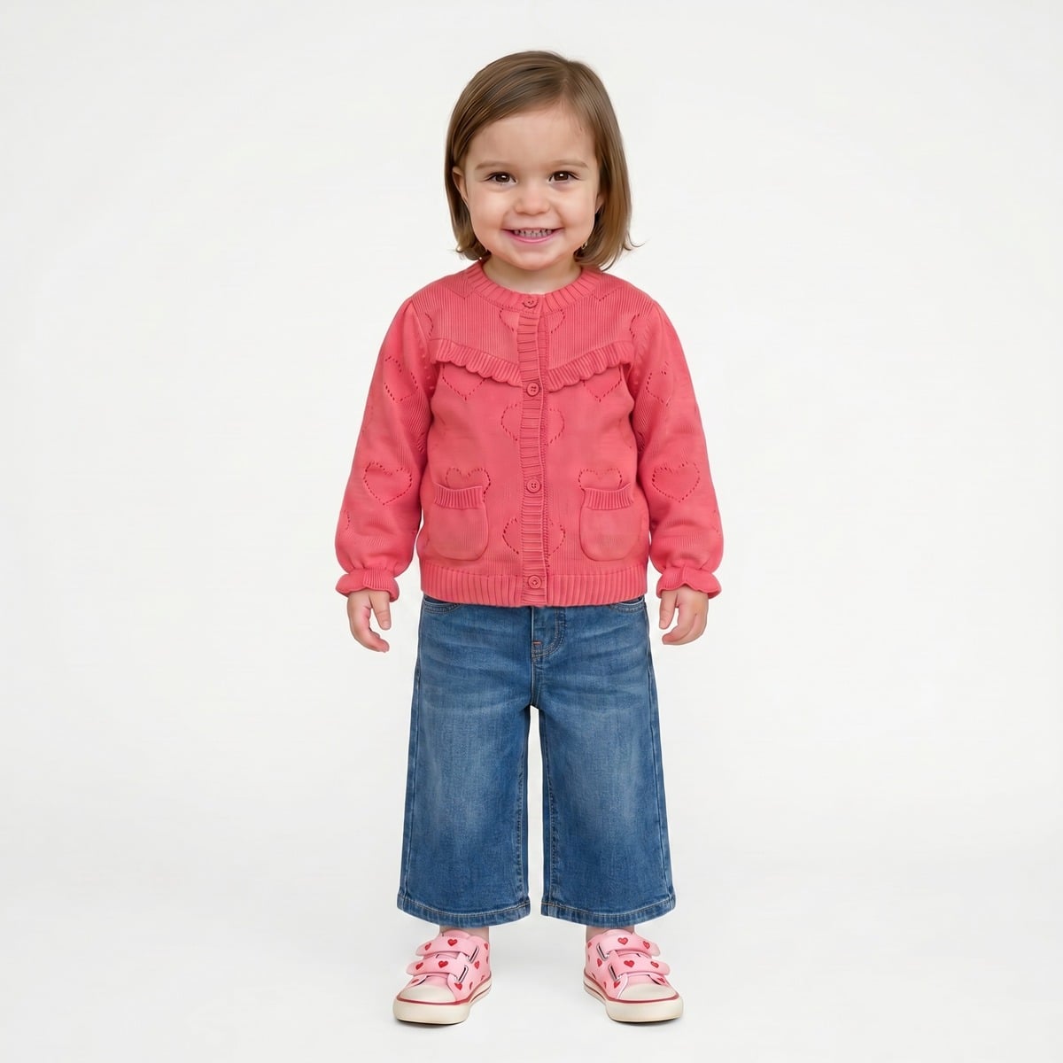 Baby Girls Coral Pink Heart Knit Ruffle Sweater Regular Fit Casual Wear