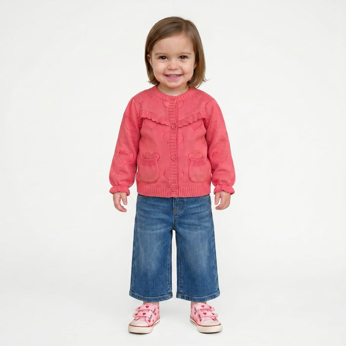 Baby Girls Coral Pink Heart Knit Ruffle Sweater Regular Fit