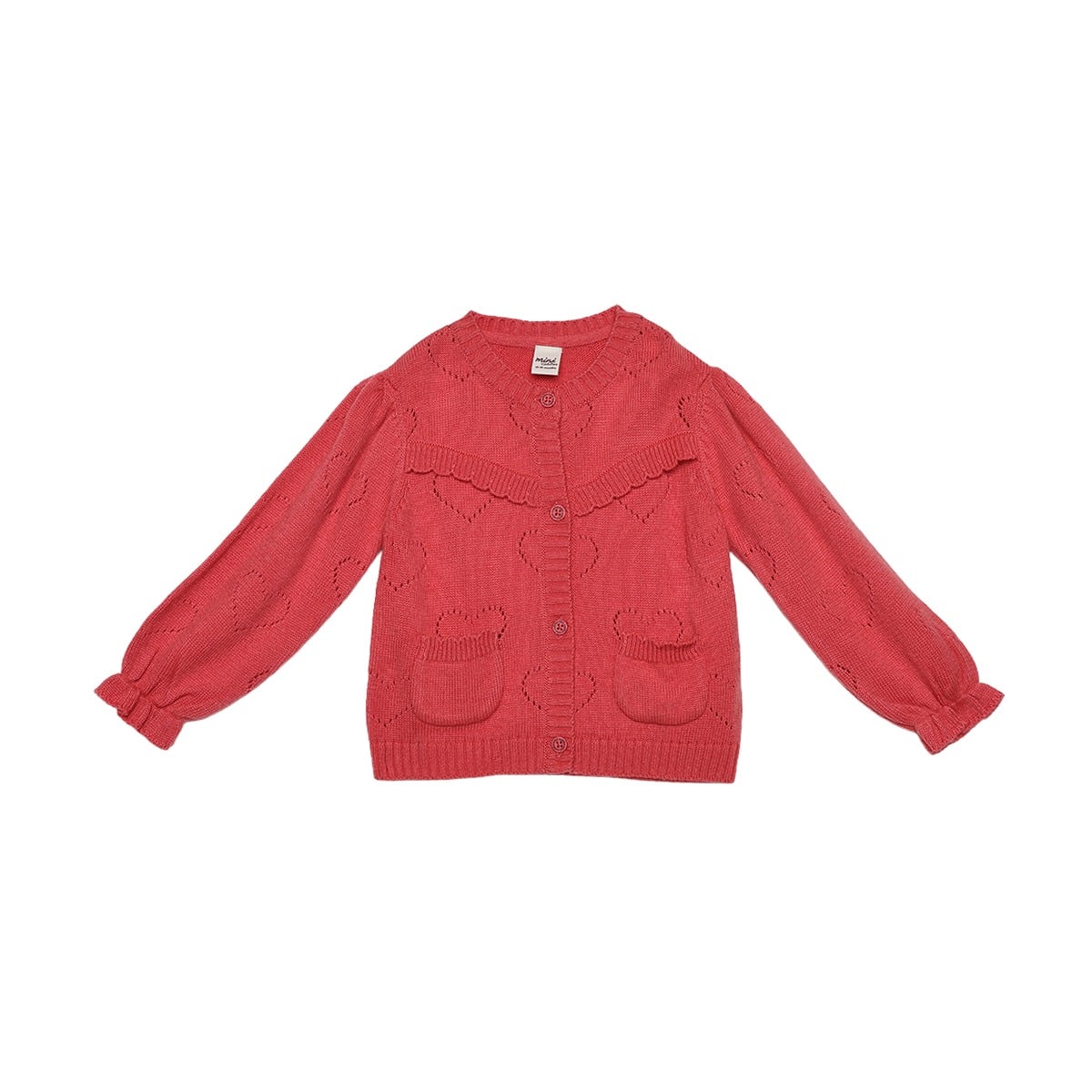 Baby Girls Coral Pink Heart Knit Ruffle Sweater Regular Fit Casual Wear