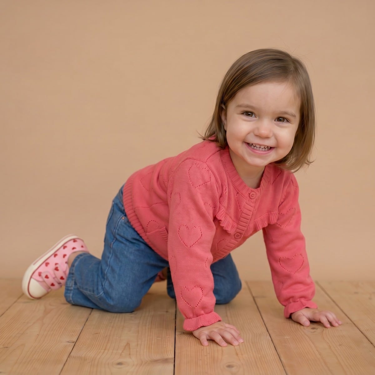 Baby Girls Coral Pink Heart Knit Ruffle Sweater Regular Fit Casual Wear