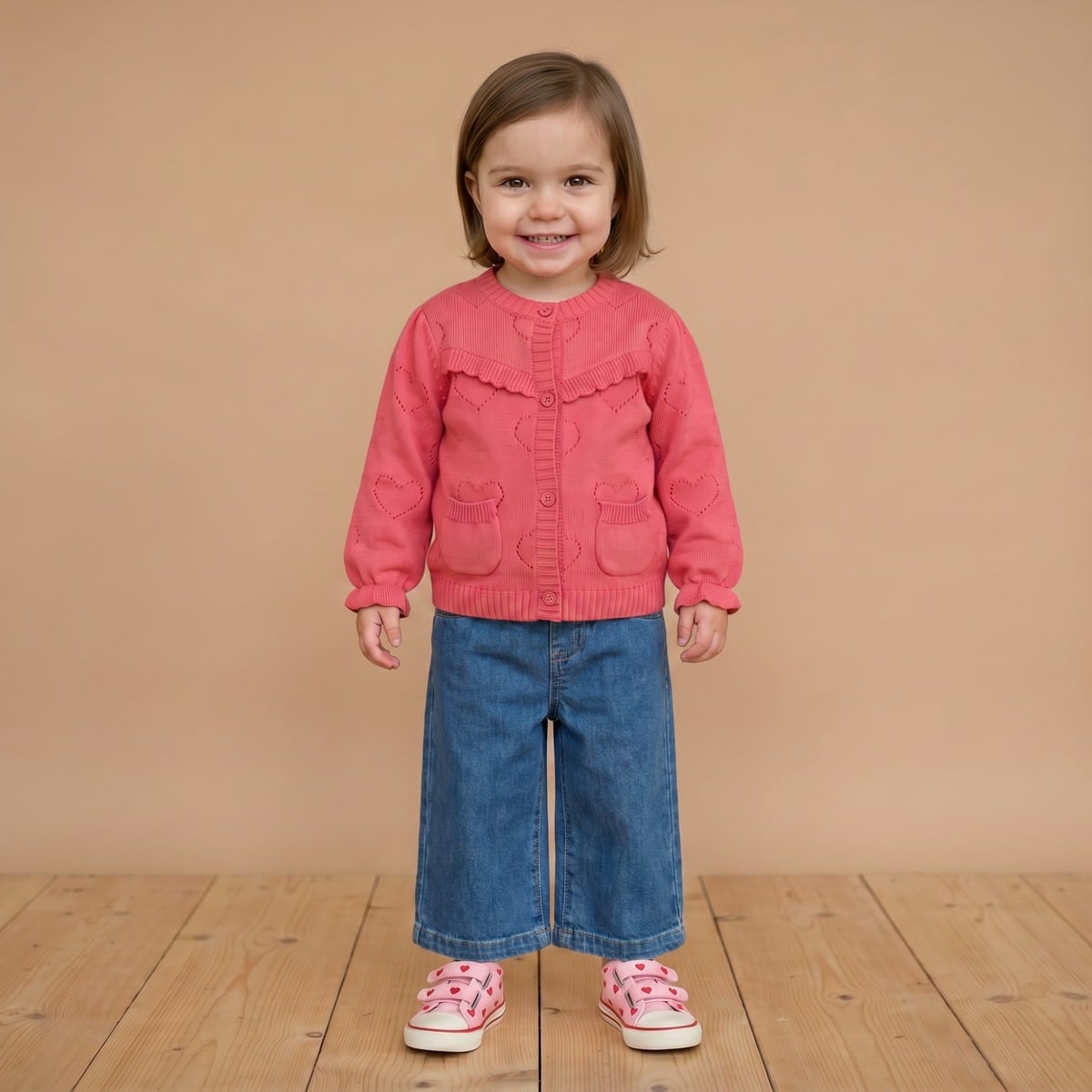 Baby Girls Coral Pink Heart Knit Ruffle Sweater Regular Fit Casual Wear