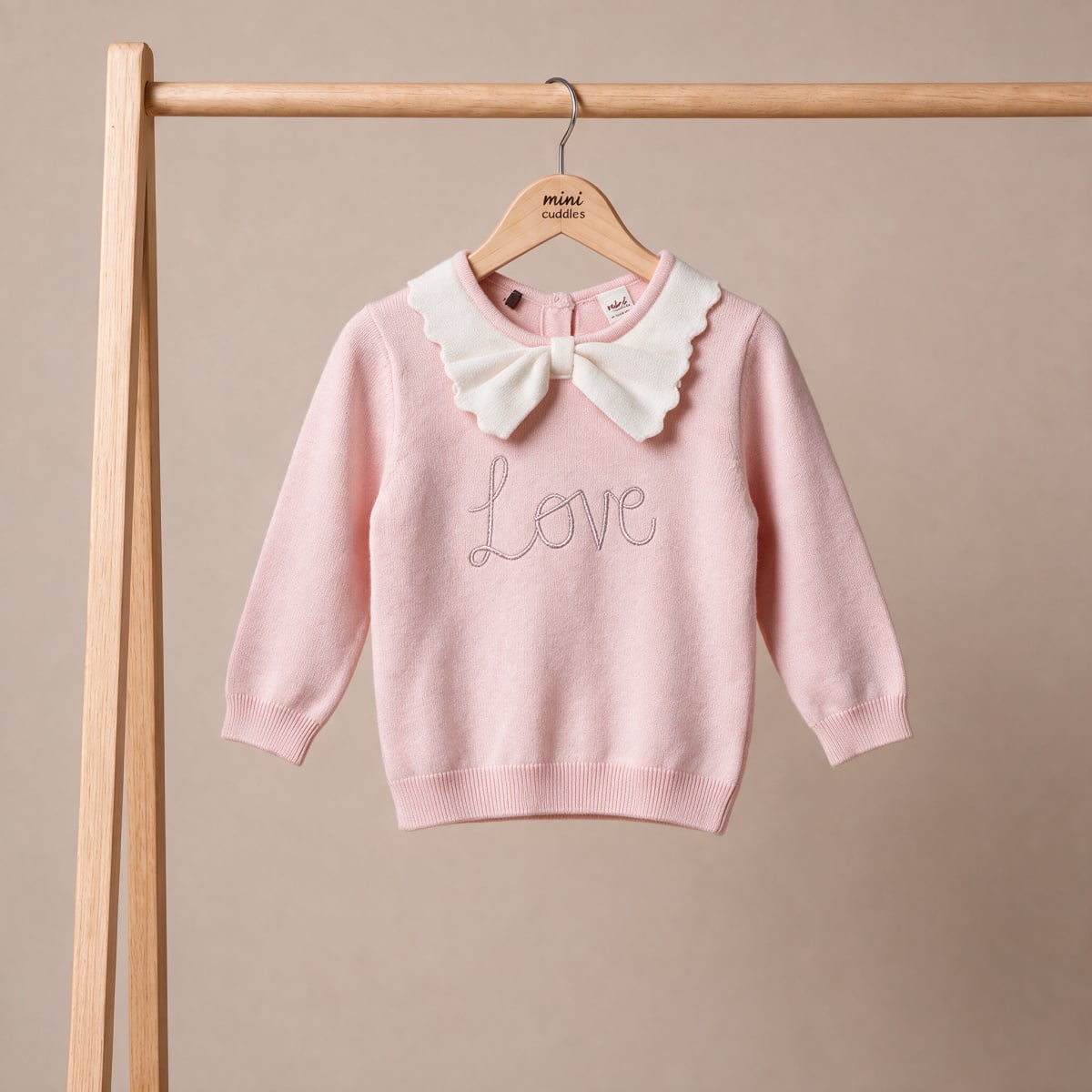 Baby Girls Pink Cotton Blend Love Embroidered Bow Collar Knitted Sweater Pack Of 1 Regular Fit Casual Wear