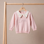 Baby Girls Pink Cotton Blend Love Embroidered Bow Collar Knitted Sweater Pack Of 1 Regular Fit Casual Wear