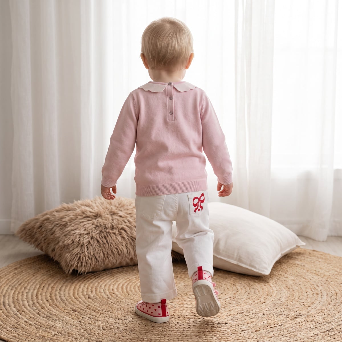 Baby Girls Pink Cotton Blend Love Embroidered Bow Collar Knitted Sweater Pack Of 1 Regular Fit Casual Wear