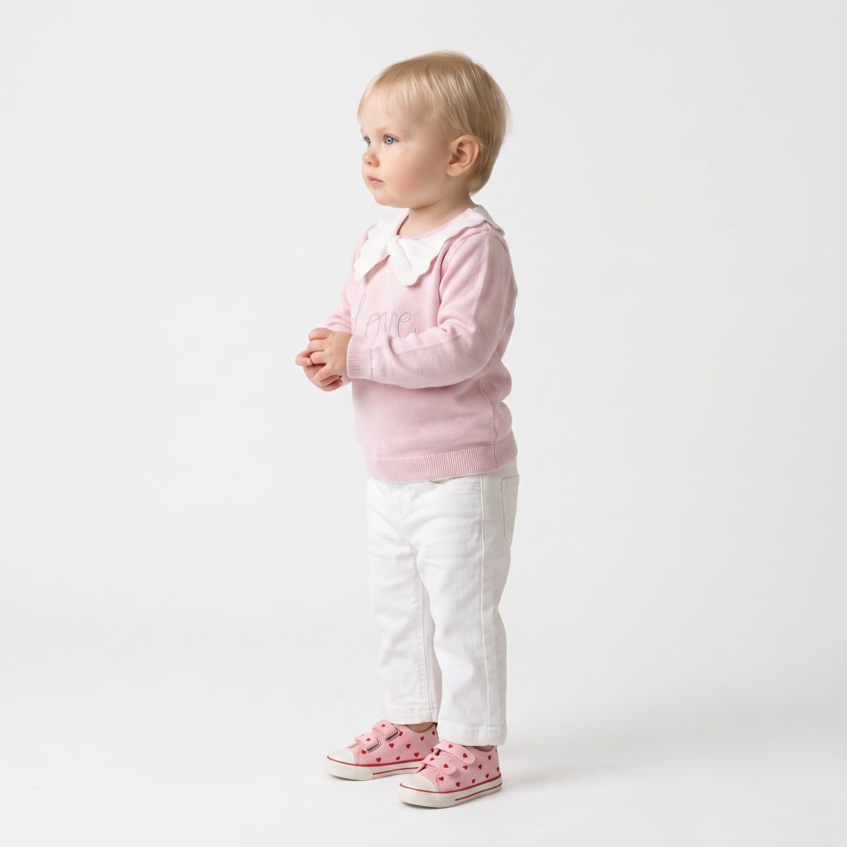 Baby Girls Pink Cotton Blend Love Embroidered Bow Collar Knitted Sweater Pack Of 1 Regular Fit Casual Wear
