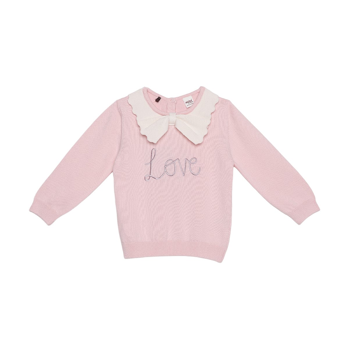 Baby Girls Pink Cotton Blend Love Embroidered Bow Collar Knitted Sweater Pack Of 1 Regular Fit Casual Wear