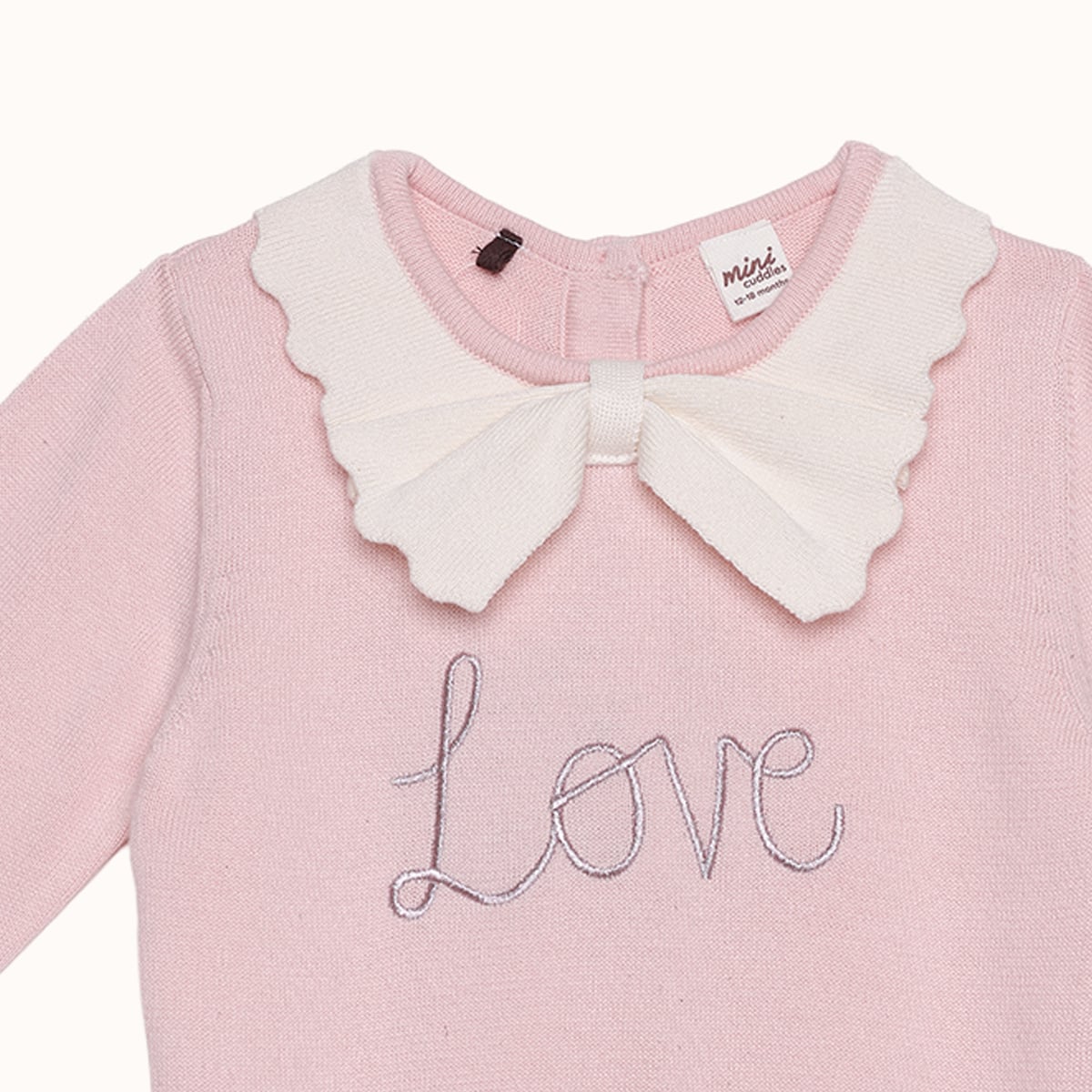 Baby Girls Pink Cotton Blend Love Embroidered Bow Collar Knitted Sweater Pack Of 1 Regular Fit Casual Wear