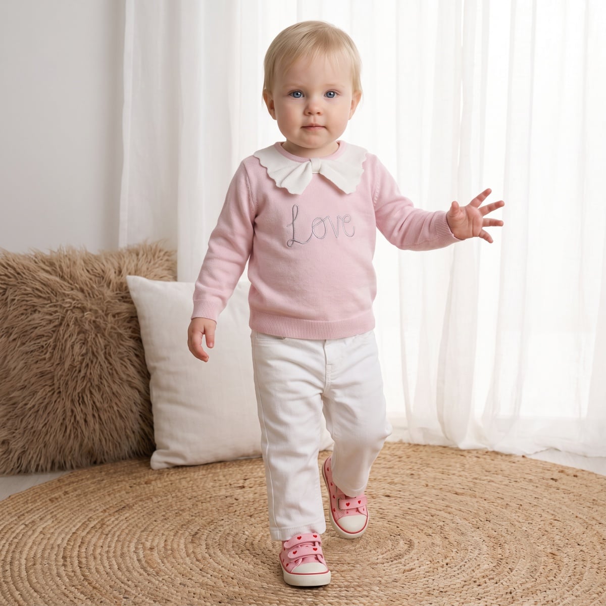 Baby Girls Pink Cotton Blend Love Embroidered Bow Collar Knitted Sweater Pack Of 1 Regular Fit Casual Wear