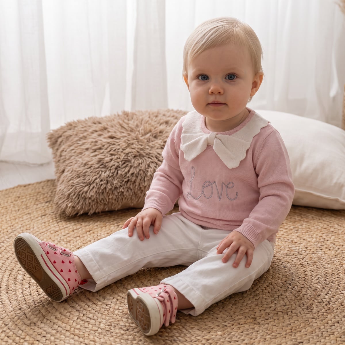 Baby Girls Pink Cotton Blend Love Embroidered Bow Collar Knitted Sweater Pack Of 1 Regular Fit Casual Wear