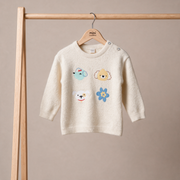 Baby Girls Cream Dog And Flower Applique Knitted Sweater Regular Fit Casual Wear