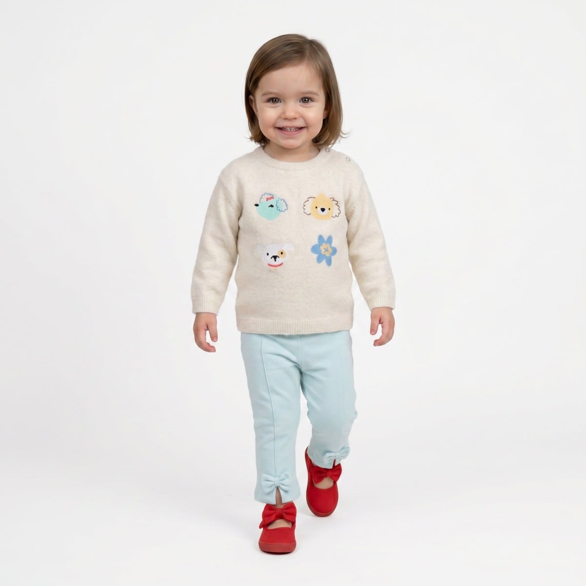 Baby Girls Cream Dog And Flower Applique Knitted Sweater Regular Fit Casual Wear