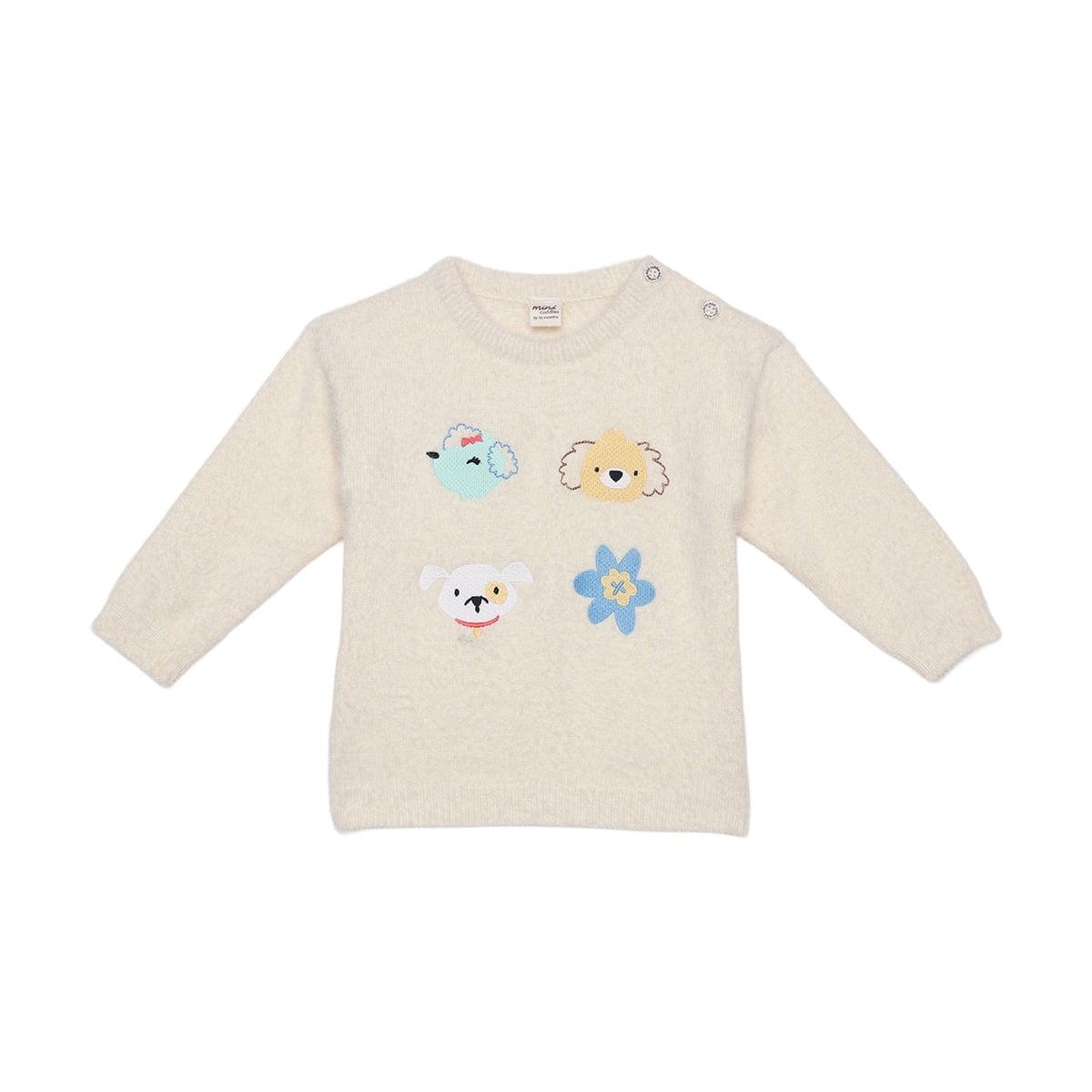 Baby Girls Cream Dog And Flower Applique Knitted Sweater Regular Fit Casual Wear
