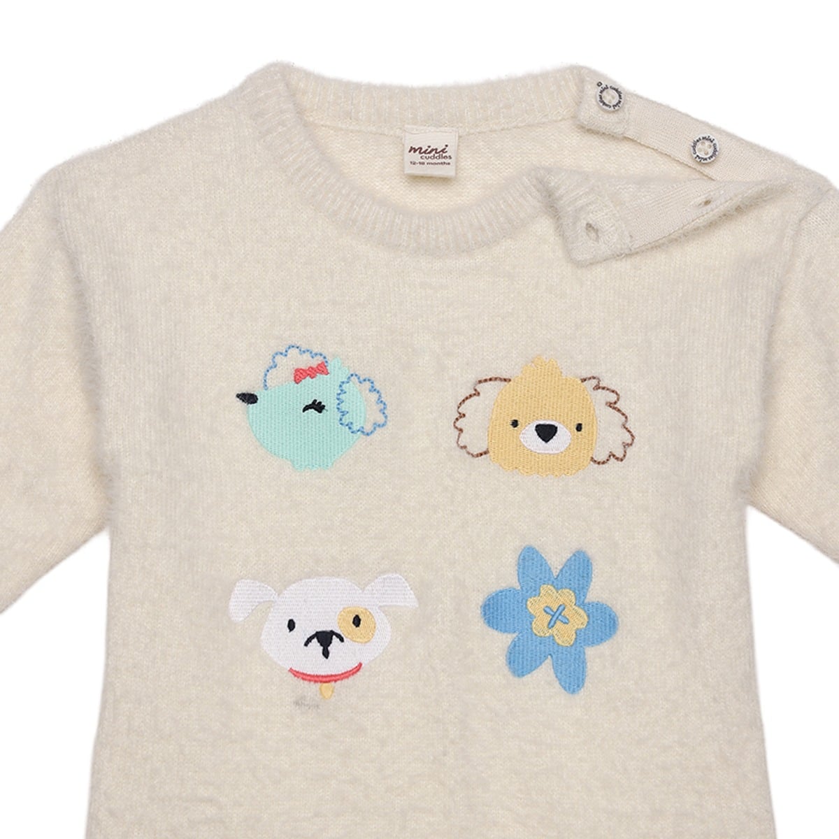 Baby Girls Cream Dog And Flower Applique Knitted Sweater Regular Fit Casual Wear
