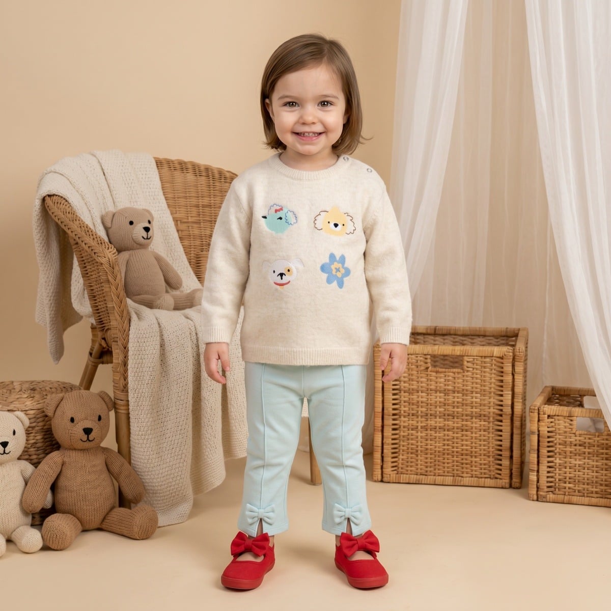Baby Girls Cream Dog And Flower Applique Knitted Sweater Regular Fit Casual Wear