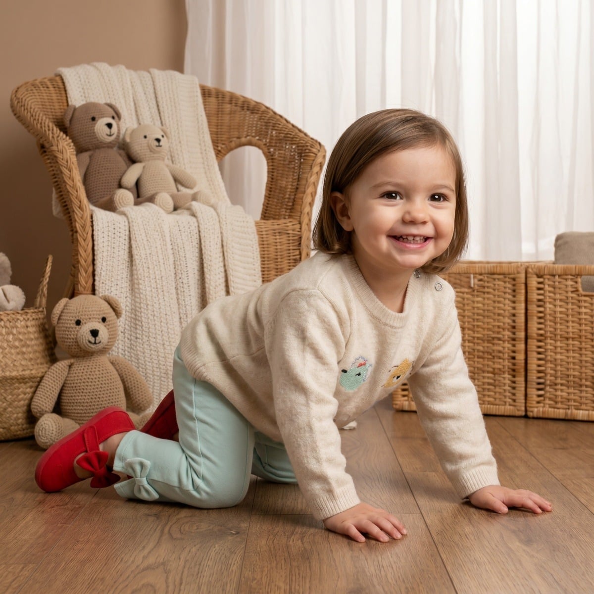 Baby Girls Cream Dog And Flower Applique Knitted Sweater Regular Fit Casual Wear