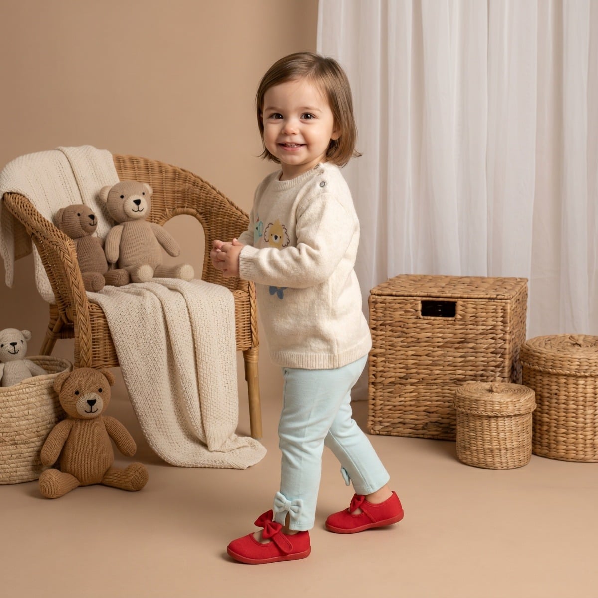Baby Girls Cream Dog And Flower Applique Knitted Sweater Regular Fit Casual Wear