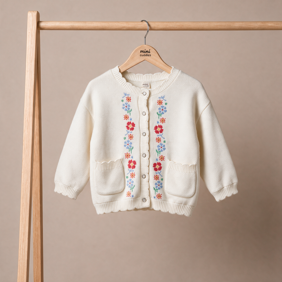 Baby Girls Cream Floral Embroidered Knitted Sweater Regular Fit Casual Wear