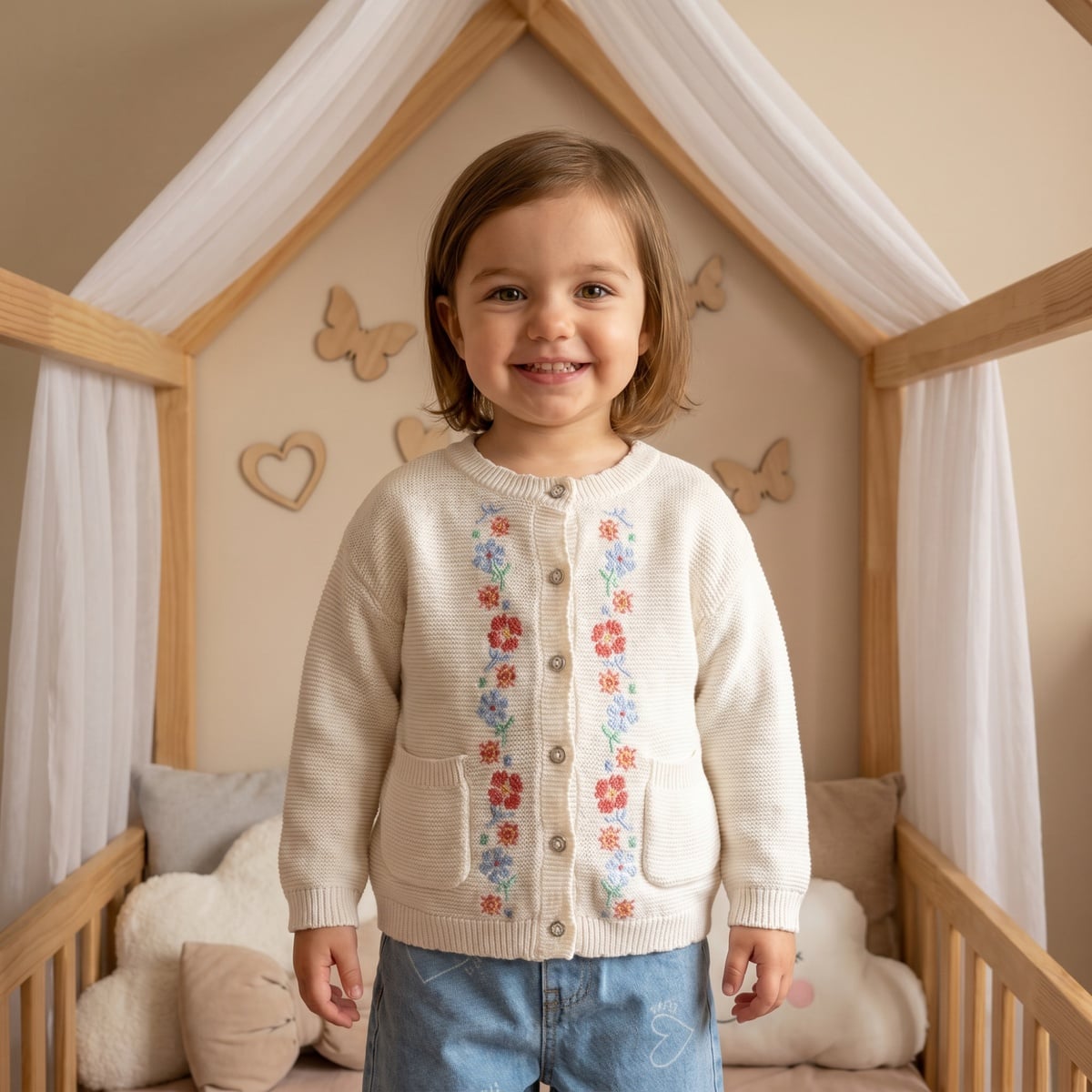 Baby Girls Cream Floral Embroidered Knitted Sweater Regular Fit Casual Wear
