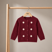 Baby Girls Maroon Knitted Cardigan with Floral Motif Regular Fit Winter Wear