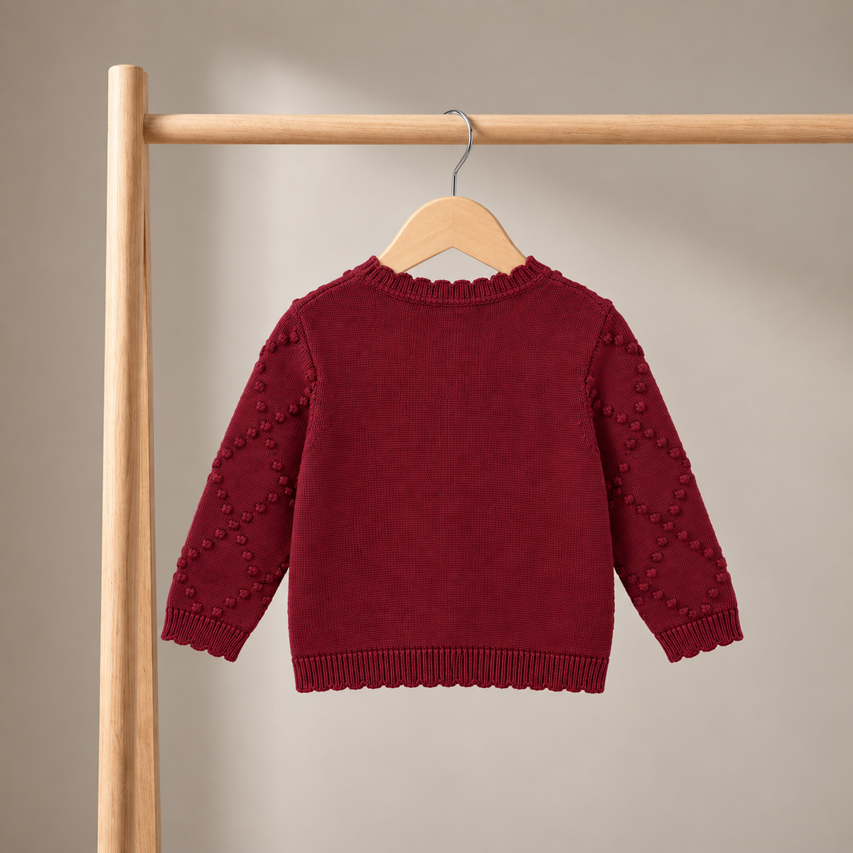 Baby Girls Maroon Knitted Cardigan with Floral Motif Regular Fit Winter Wear