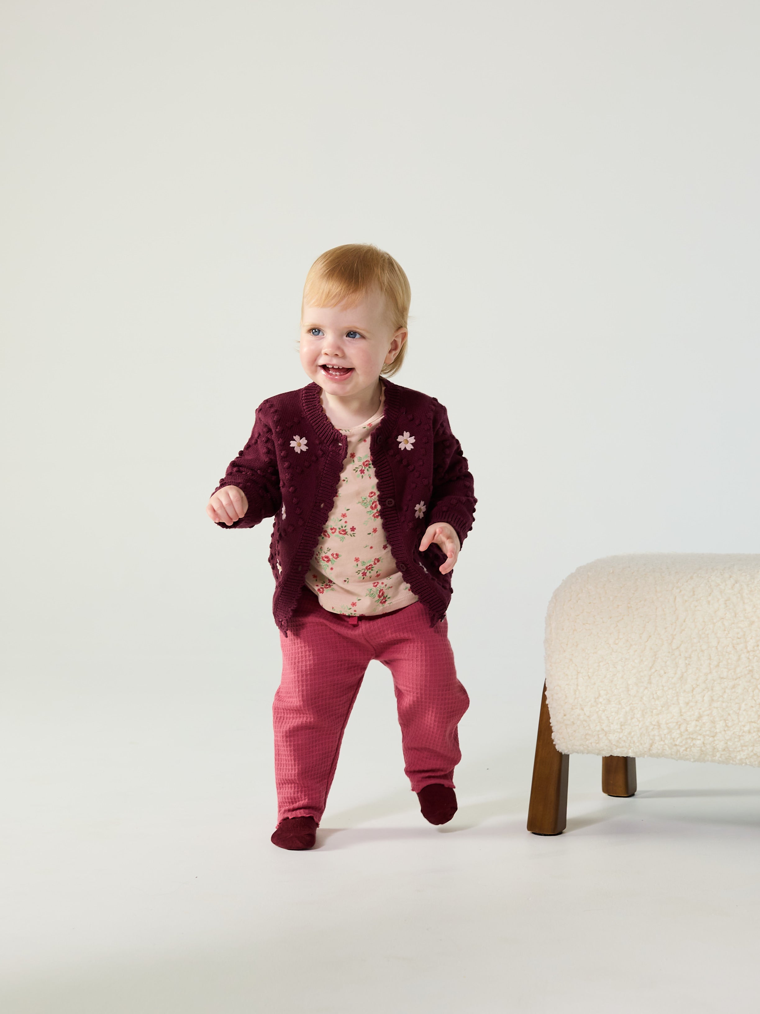 Baby Girls Maroon Knitted Cardigan with Floral Motif Regular Fit Winter Wear