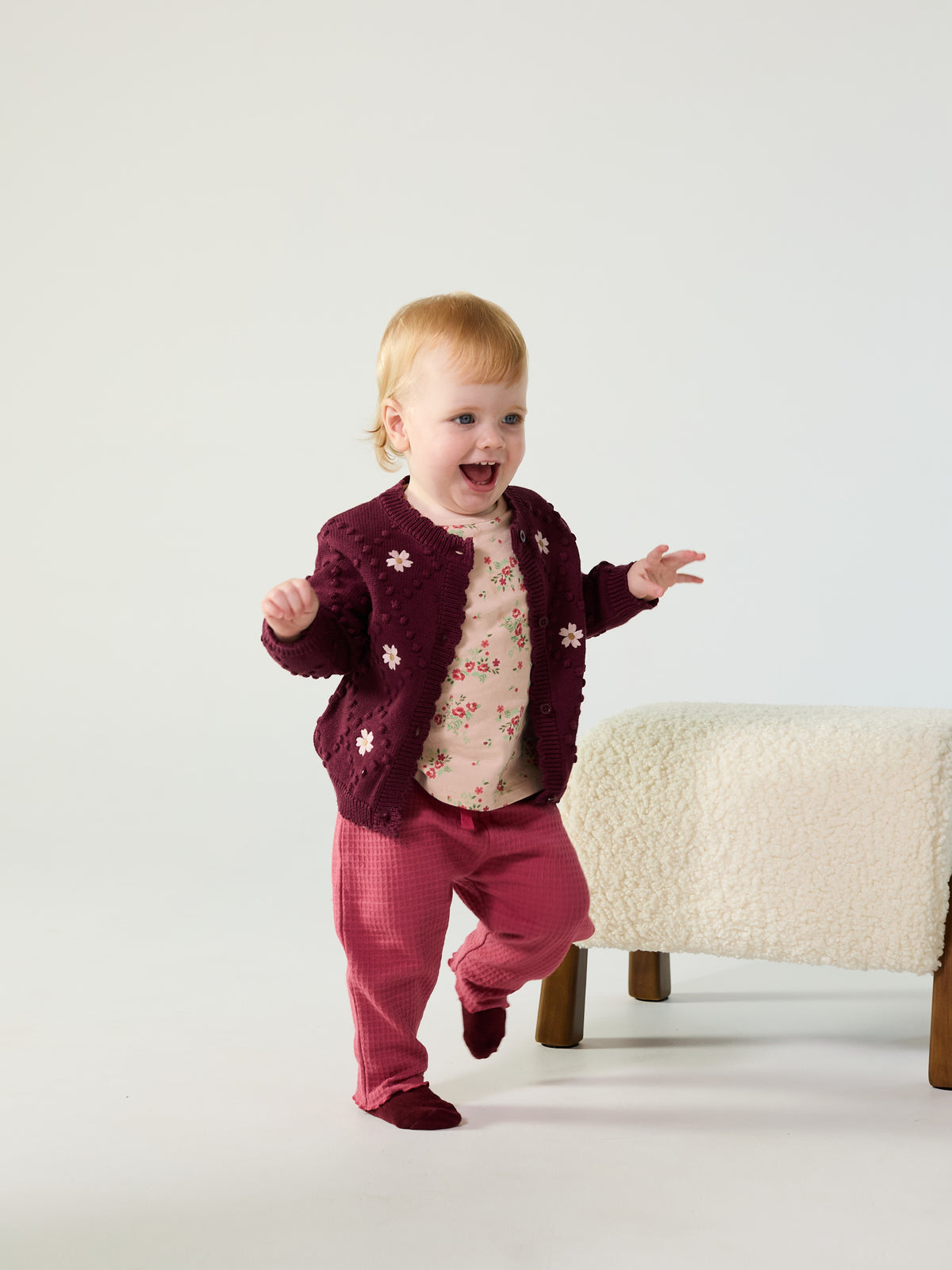 Baby Girls Maroon Knitted Cardigan with Floral Motif Regular Fit Winter Wear