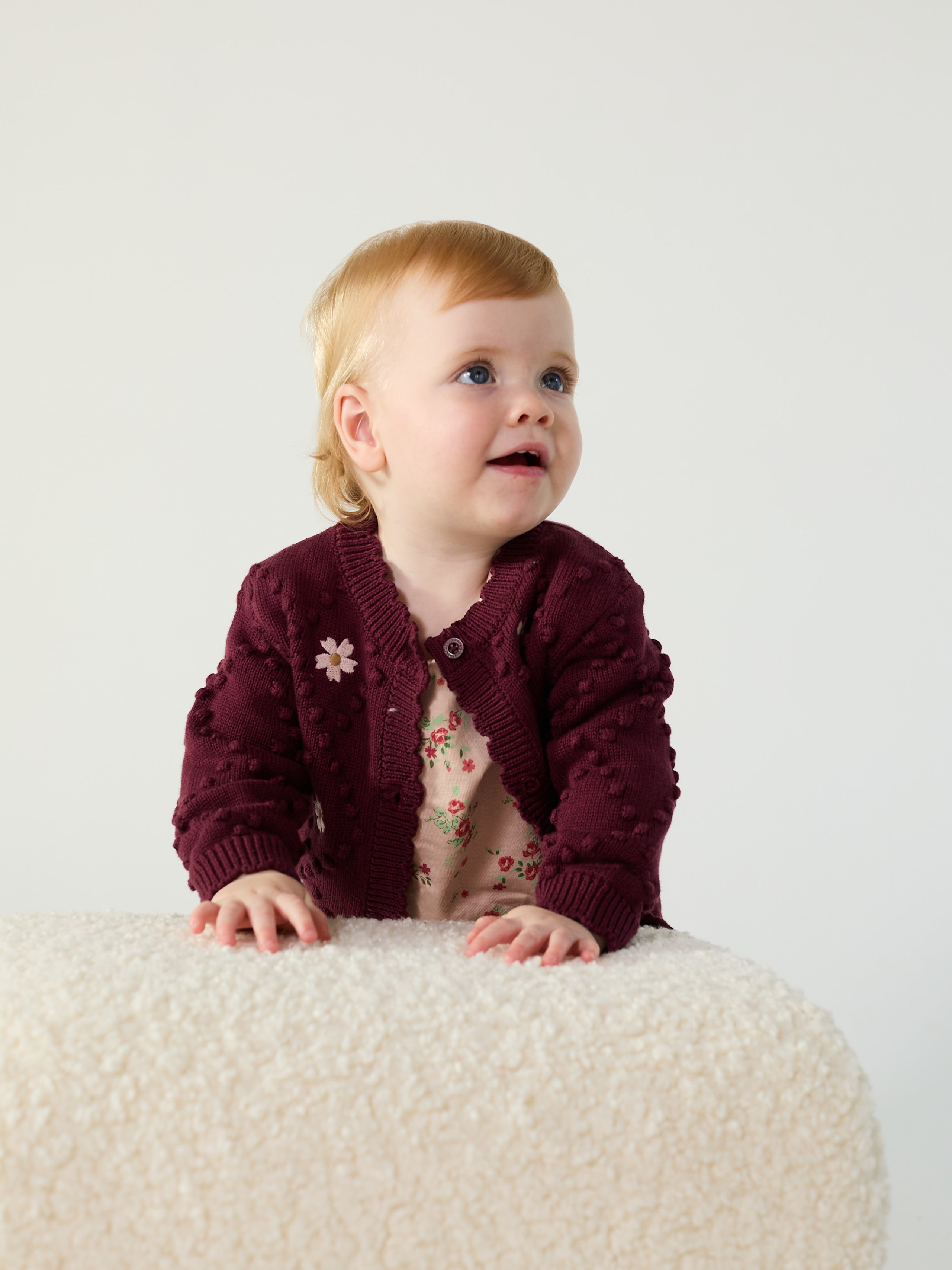 Baby Girls Maroon Knitted Cardigan with Floral Motif Regular Fit Winter Wear