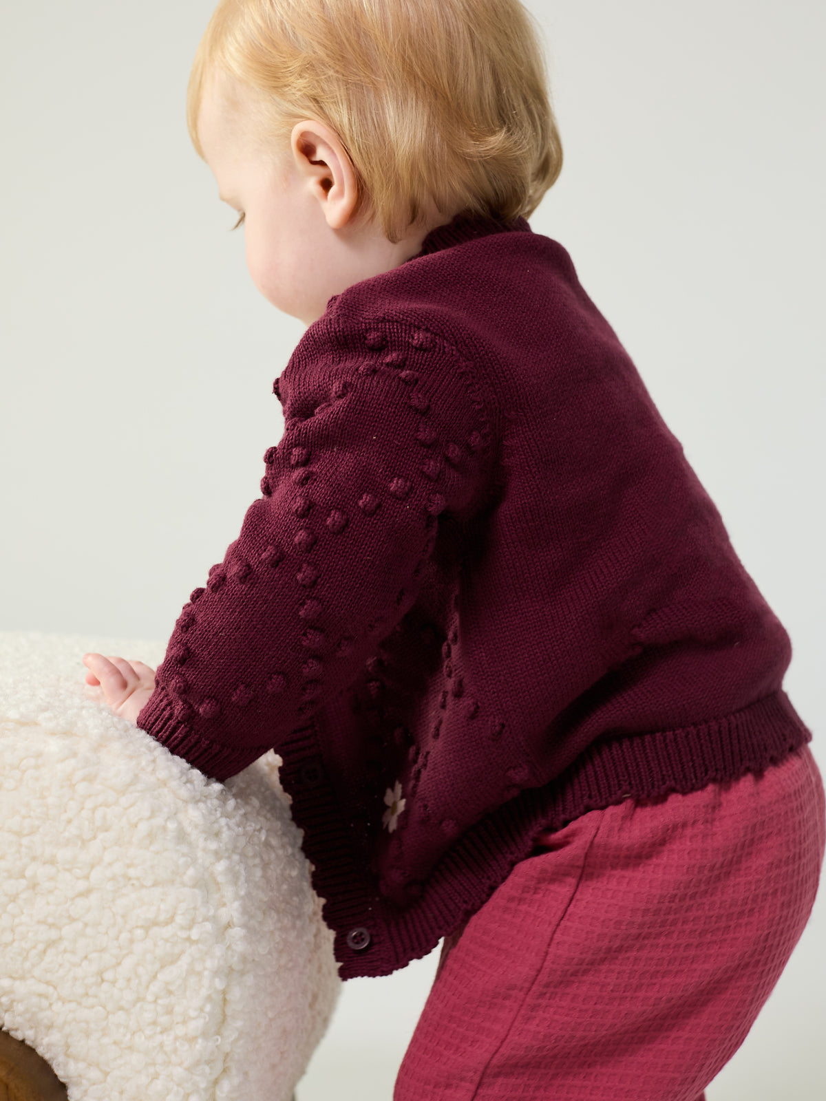 Baby Girls Maroon Knitted Cardigan with Floral Motif Regular Fit Winter Wear