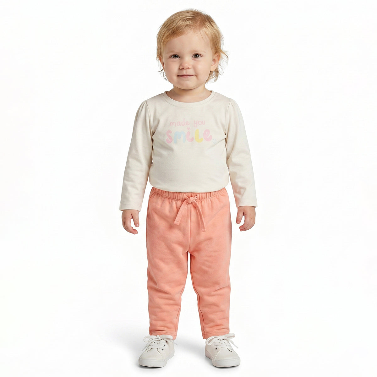 Baby Girls Cream Printed T-Shirt with Peach Pants Casual Co-ord Set
