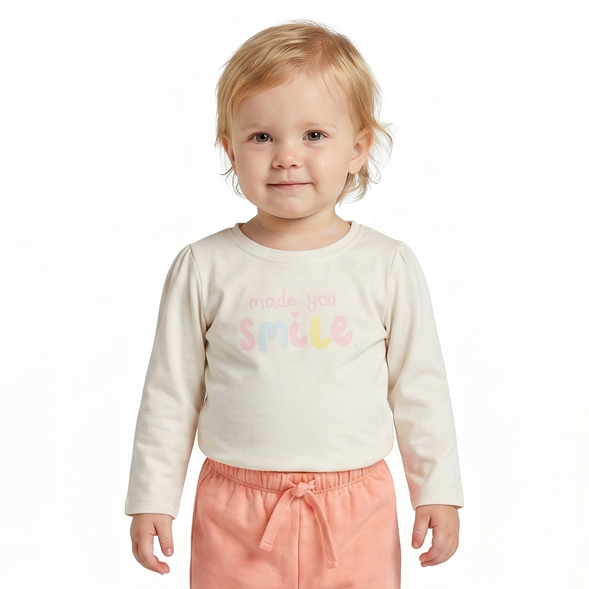 Baby Girls Cream Printed T-Shirt with Peach Pants Casual Co-ord Set