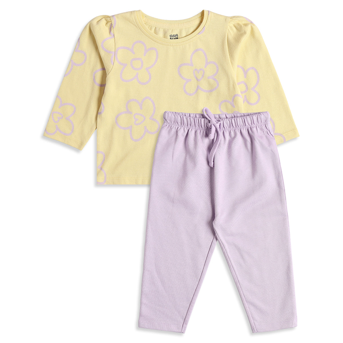 Baby Girls Yellow Floral Print T-Shirt with Lavender Pants Casual Co-ord Set