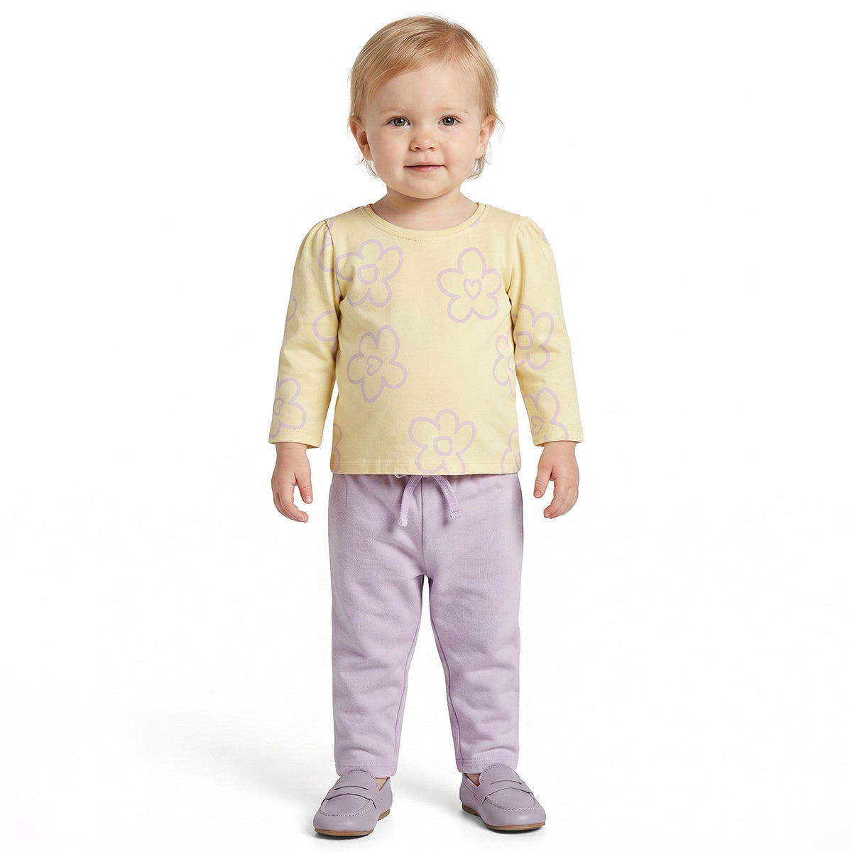 Baby Girls Yellow Floral Print T-Shirt with Lavender Pants Casual Co-ord Set